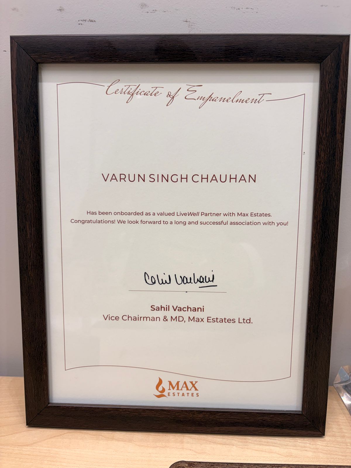 Max Estates Channel Partner Certificate